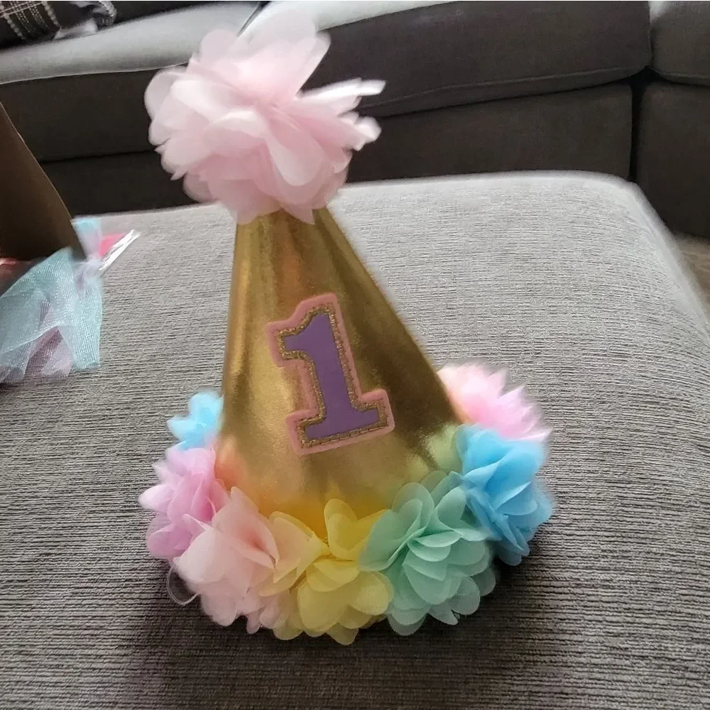 Girls My 1st birthday 3pc  starter pack Hat pastel Bib high chair skirt…